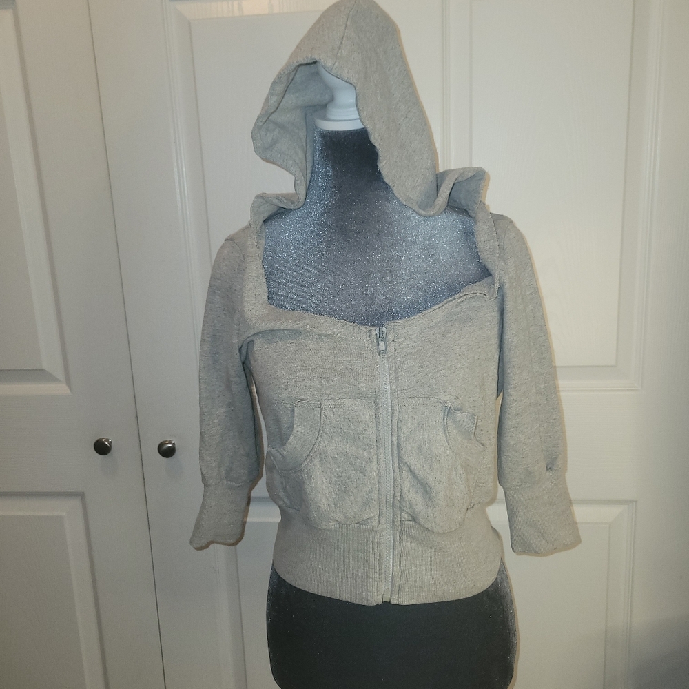 Grey Crop Zip Up Hoodie With Design On Back